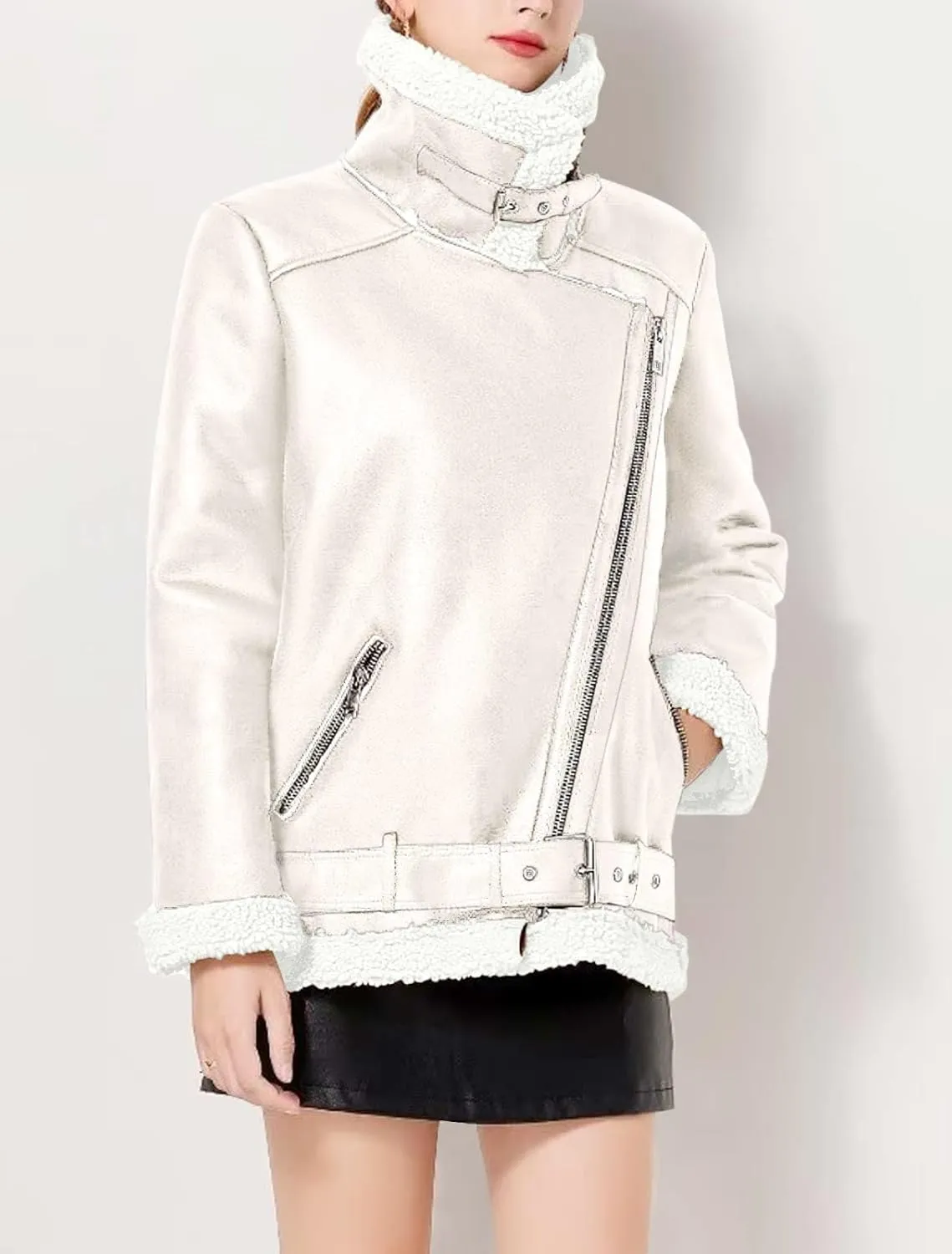 CHARTOU Women Faux Leather Jacket Fur Lined Winter Coat Warm Zip Up Notched Collar Moto Bomber Jacket