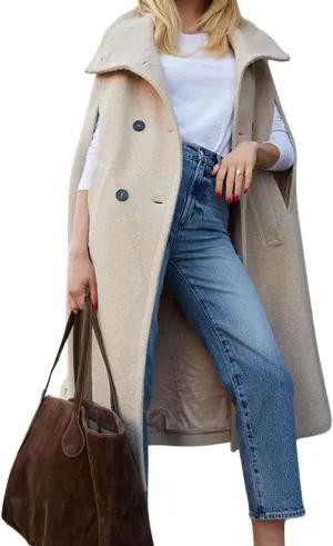 CHARTOU Women Long Cloak Coats Wool Blend Pea Coats Slit Sleeves Elegant Warm Winter Cape Coats