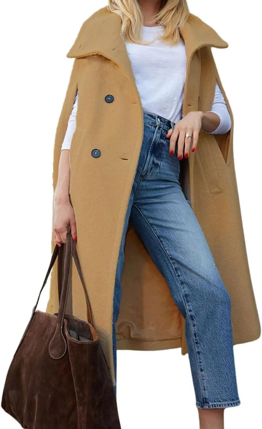 CHARTOU Women Long Cloak Coats Wool Blend Pea Coats Slit Sleeves Elegant Warm Winter Cape Coats
