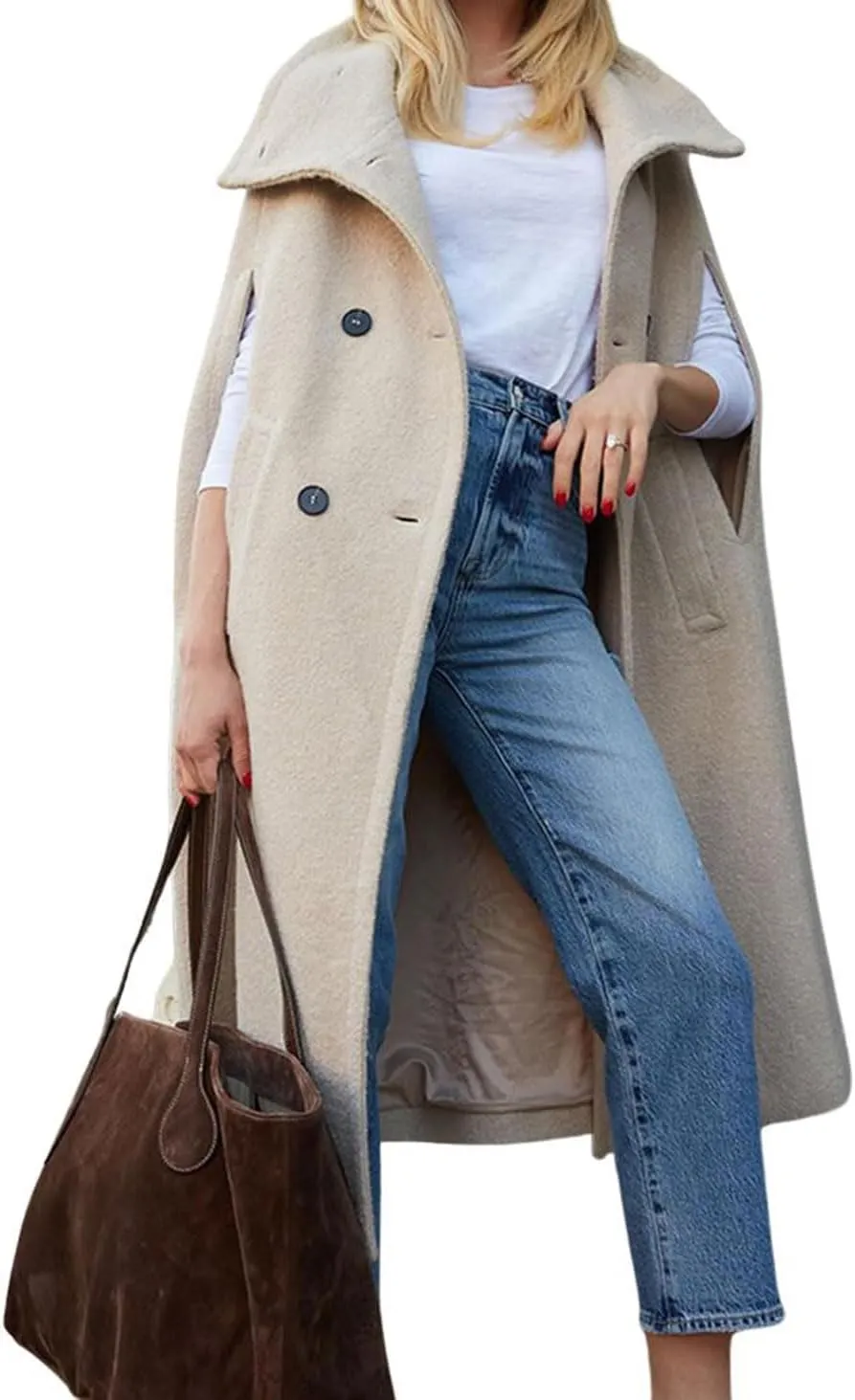 CHARTOU Women Long Cloak Coats Wool Blend Pea Coats Slit Sleeves Elegant Warm Winter Cape Coats