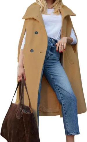 CHARTOU Women Long Cloak Coats Wool Blend Pea Coats Slit Sleeves Elegant Warm Winter Cape Coats