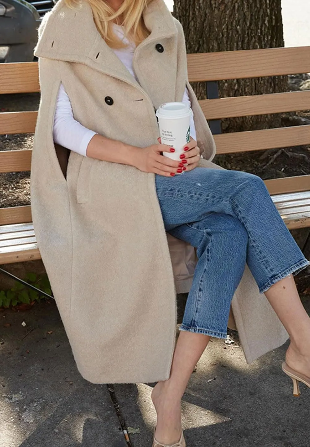 CHARTOU Women Long Cloak Coats Wool Blend Pea Coats Slit Sleeves Elegant Warm Winter Cape Coats