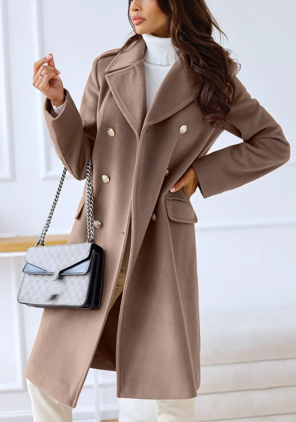 CHARTOU Women's Winter Jacket Double-Breasted Wool Blend Warm Long Trench Coat