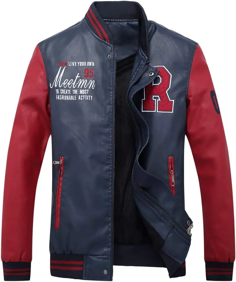 chuida Men's Vintage Stand Faux Leather Jacket Motorcycle PU Jacket Casual Baseball Stand Collar Slim Fit Coat