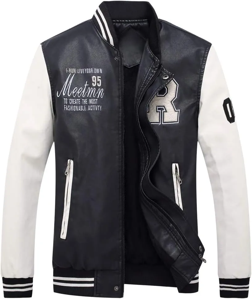 chuida Men's Vintage Stand Faux Leather Jacket Motorcycle PU Jacket Casual Baseball Stand Collar Slim Fit Coat
