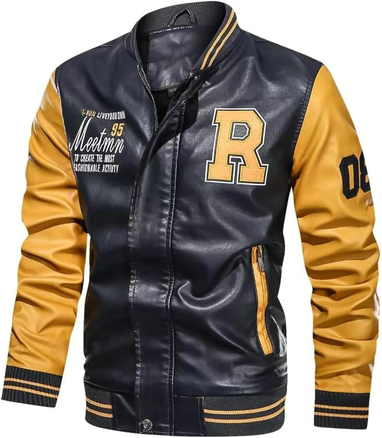chuida Men's Vintage Stand Faux Leather Jacket Motorcycle PU Jacket Casual Baseball Stand Collar Slim Fit Coat