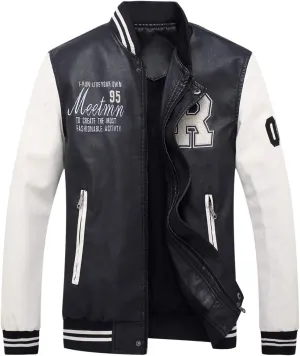 chuida Men's Vintage Stand Faux Leather Jacket Motorcycle PU Jacket Casual Baseball Stand Collar Slim Fit Coat