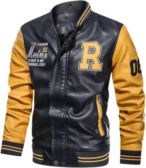 chuida Men's Vintage Stand Faux Leather Jacket Motorcycle PU Jacket Casual Baseball Stand Collar Slim Fit Coat