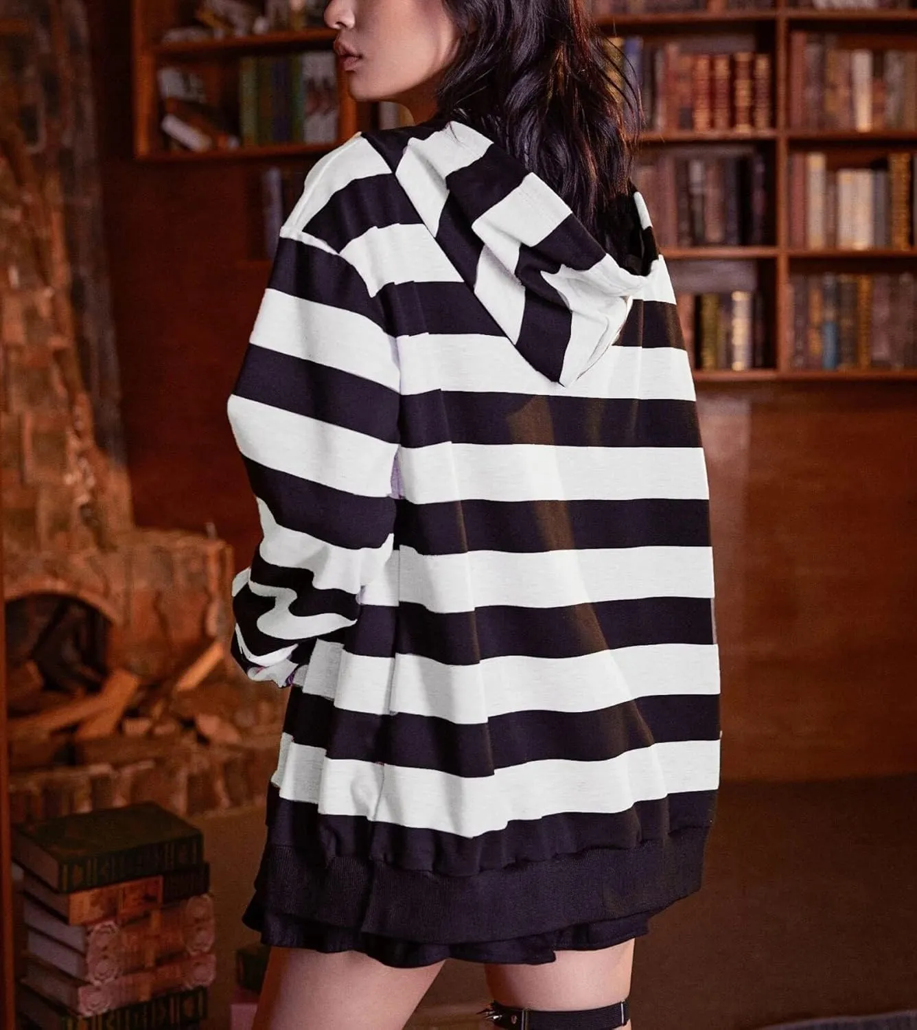 Chvity Women's Zip Up Hoodie Striped Long Sleeve Sweatshirt for Women Oversized 90S Y2K Drawstring Streetwear Grunge Jacket
