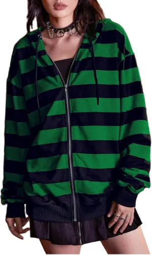 Chvity Women's Zip Up Hoodie Striped Long Sleeve Sweatshirt for Women Oversized 90S Y2K Drawstring Streetwear Grunge Jacket