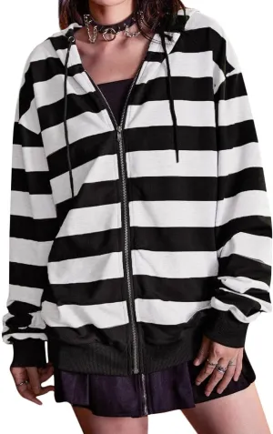 Chvity Women's Zip Up Hoodie Striped Long Sleeve Sweatshirt for Women Oversized 90S Y2K Drawstring Streetwear Grunge Jacket