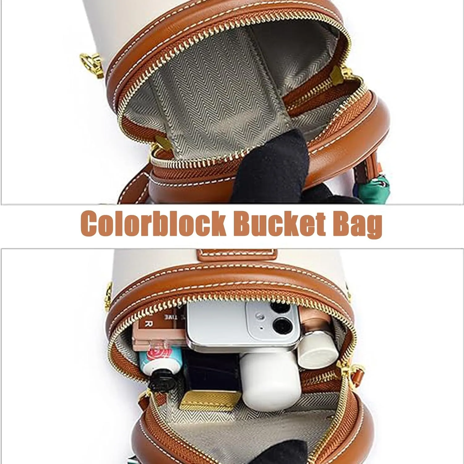 Colorblock Bucket Bag for Women, 2025 New Summer Design Cylinder Bag, Leather Bucket Handbag