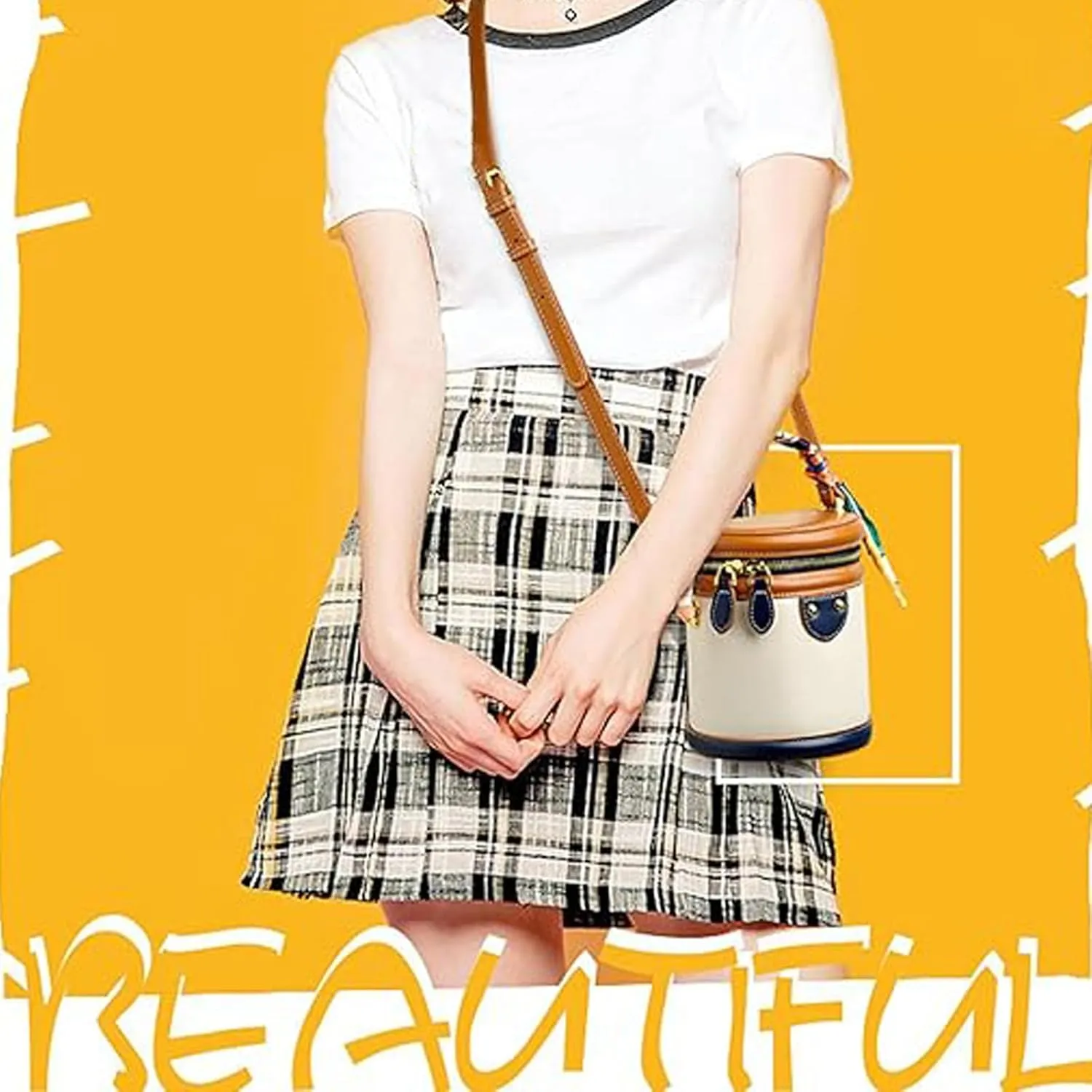 Colorblock Bucket Bag for Women, 2025 New Summer Design Cylinder Bag, Leather Bucket Handbag