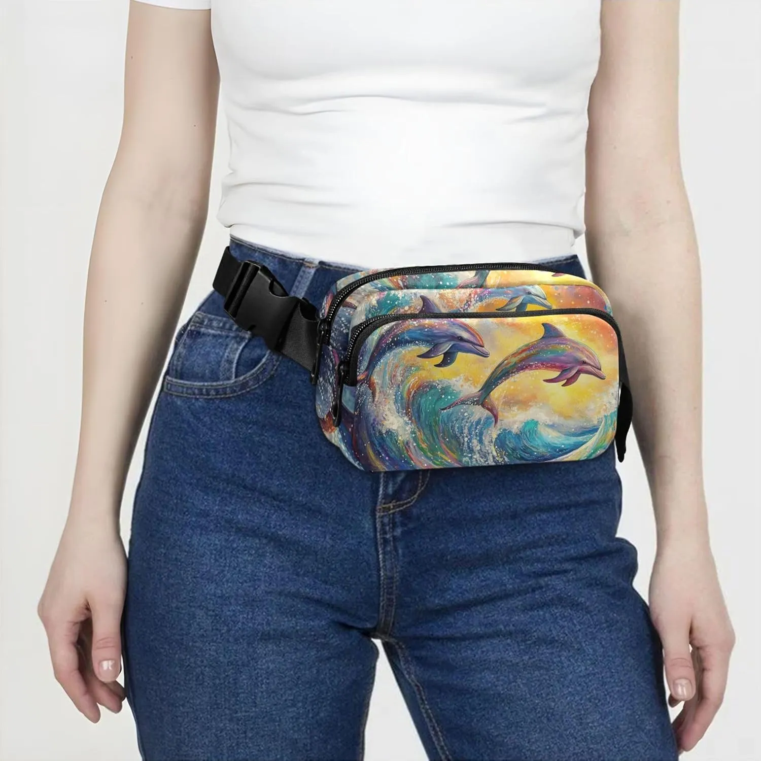 Colorful Dolphins Ocean Wave Fanny Packs Women Everywhere Belt Bag Waterproof Pattern Cross Body Waist Purse