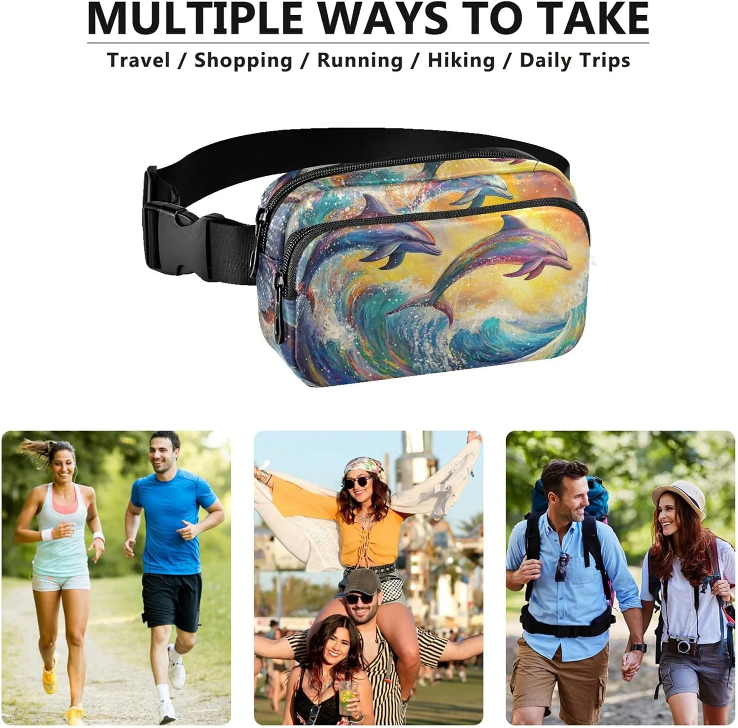 Colorful Dolphins Ocean Wave Fanny Packs Women Everywhere Belt Bag Waterproof Pattern Cross Body Waist Purse