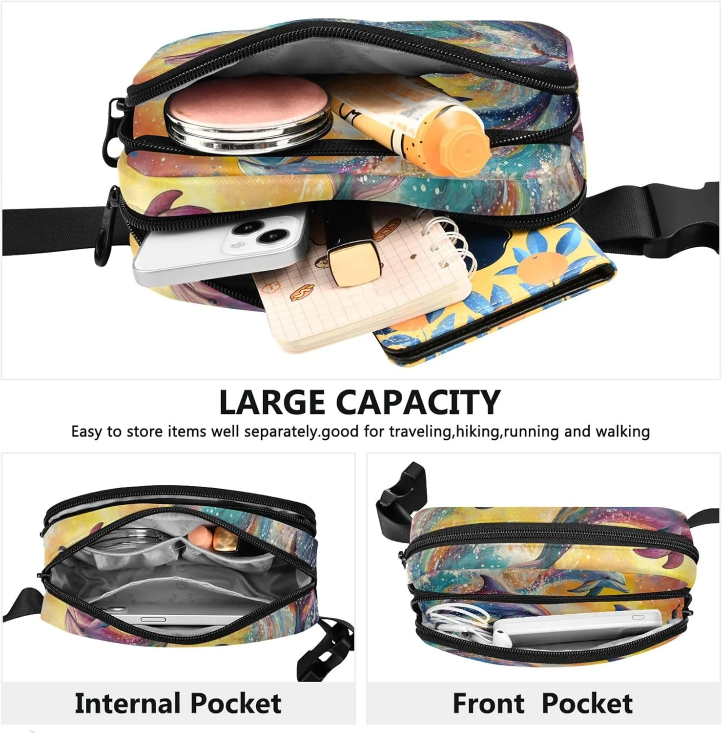 Colorful Dolphins Ocean Wave Fanny Packs Women Everywhere Belt Bag Waterproof Pattern Cross Body Waist Purse