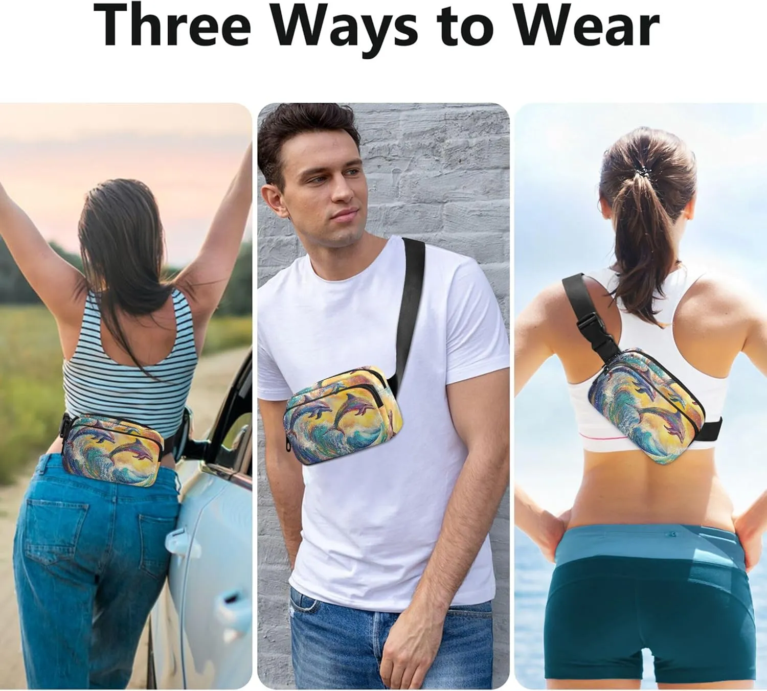 Colorful Dolphins Ocean Wave Fanny Packs Women Everywhere Belt Bag Waterproof Pattern Cross Body Waist Purse