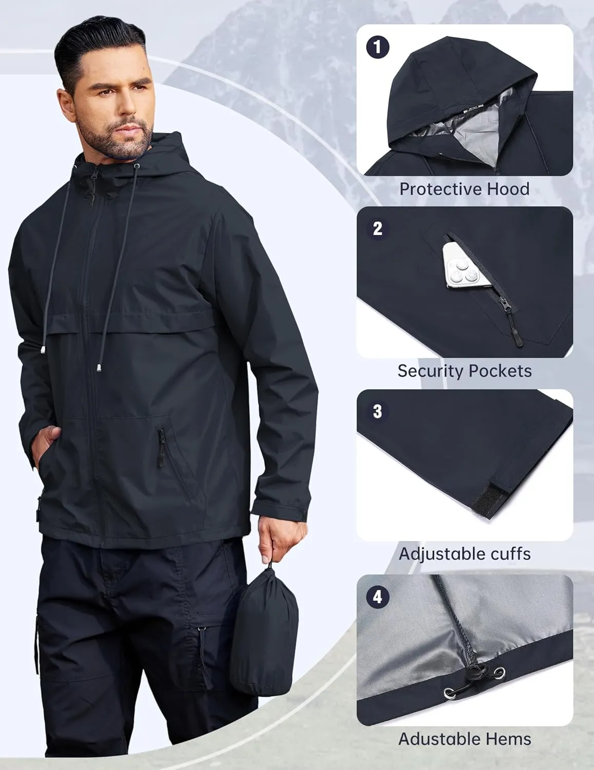 COOFANDY Men's Rain Jacket Waterproof with Hood Packable Rain Coat Lightweight Windbreaker for Hiking Golf Outdoor