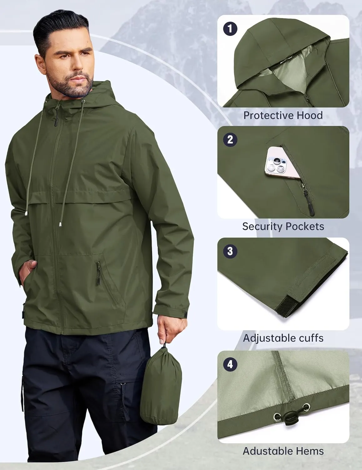 COOFANDY Men's Rain Jacket Waterproof with Hood Packable Rain Coat Lightweight Windbreaker for Hiking Golf Outdoor
