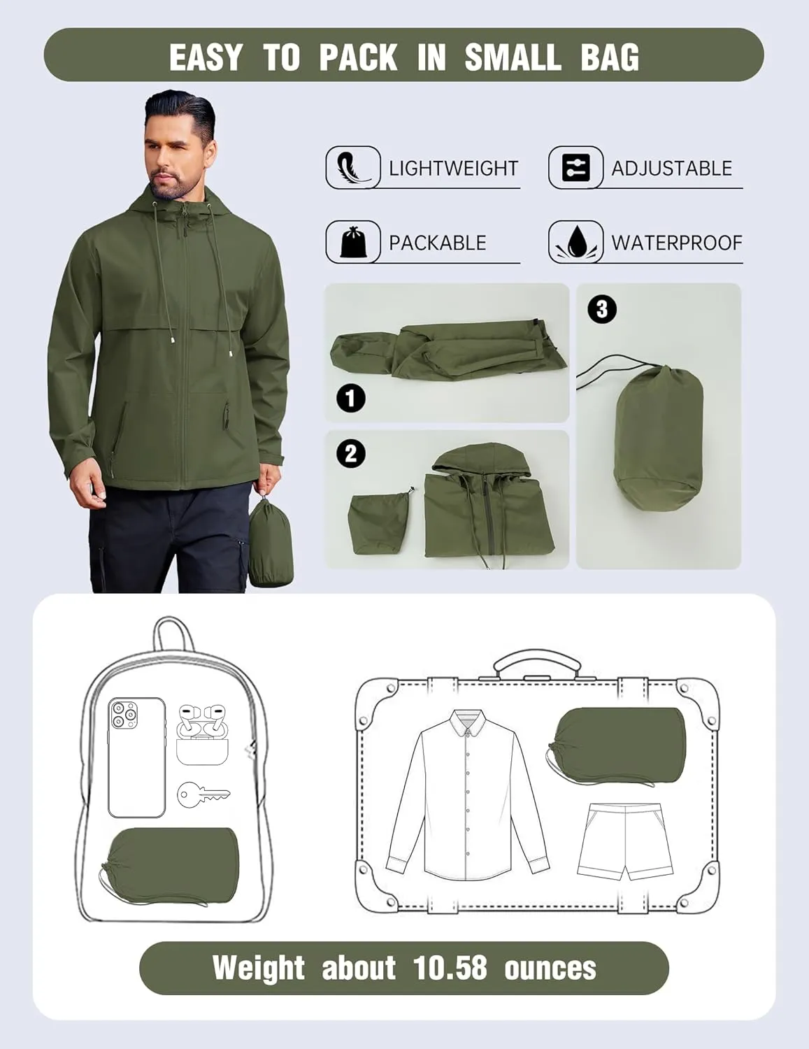 COOFANDY Men's Rain Jacket Waterproof with Hood Packable Rain Coat Lightweight Windbreaker for Hiking Golf Outdoor