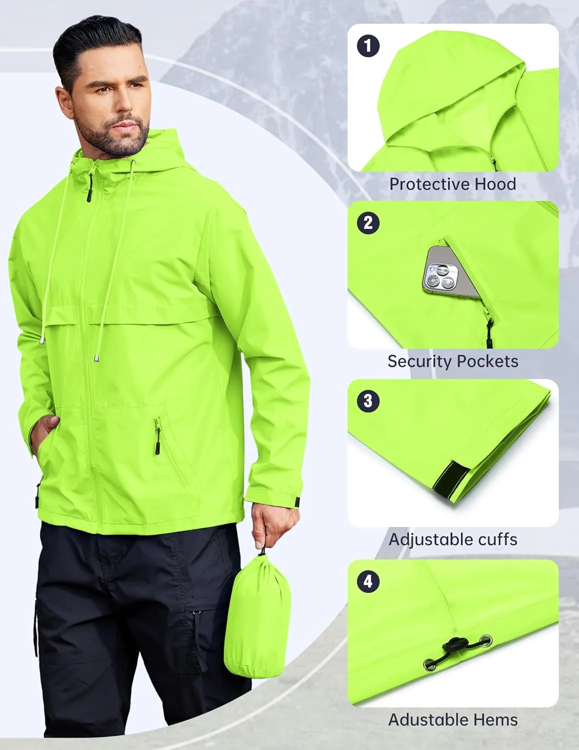 COOFANDY Men's Rain Jacket Waterproof with Hood Packable Rain Coat Lightweight Windbreaker for Hiking Golf Outdoor