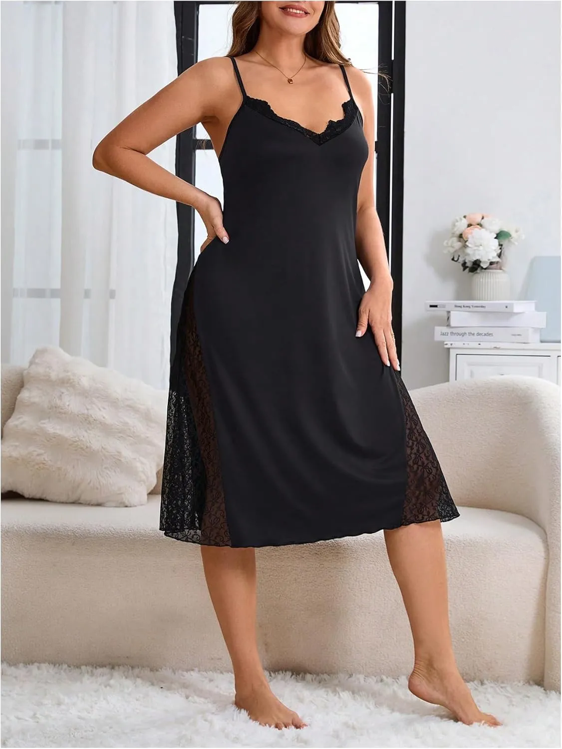 COZYEASE Women's Plus Size Lace Nightgowns V Neck Split Side Mini Sleep Dress Sheer Nightwear