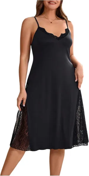COZYEASE Women's Plus Size Lace Nightgowns V Neck Split Side Mini Sleep Dress Sheer Nightwear