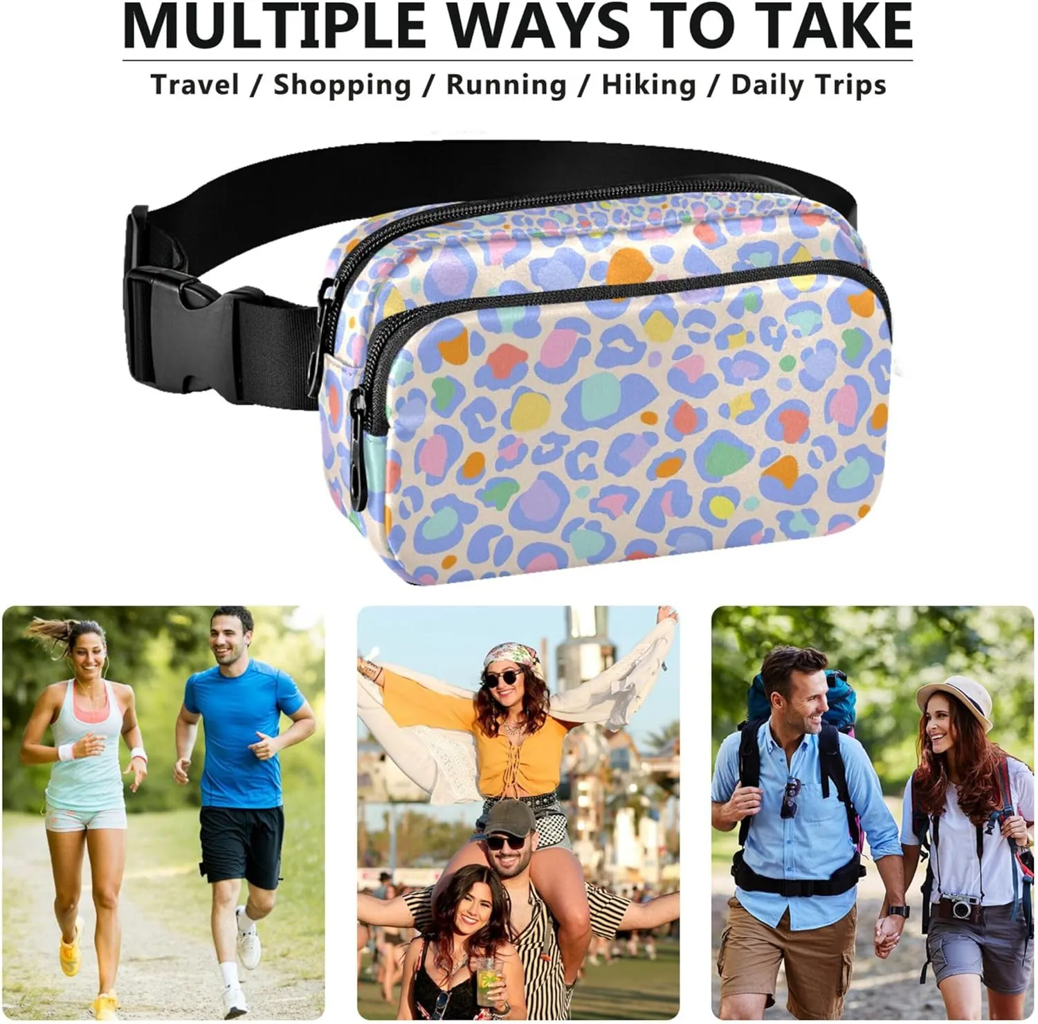 Customized Animal Skin Rainbow Women Fanny Packs Flower Hip Bag Belt Purse Waterproof Waist Pack for Women