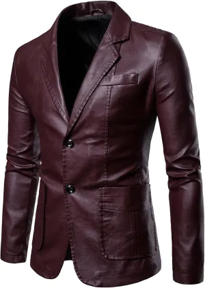 DGHM-JLMY Men's Suit Collar Fashion Pu Leather Jacket Casual 2 Button Slim Faux Leather Blazer Business Leather Sport Coat