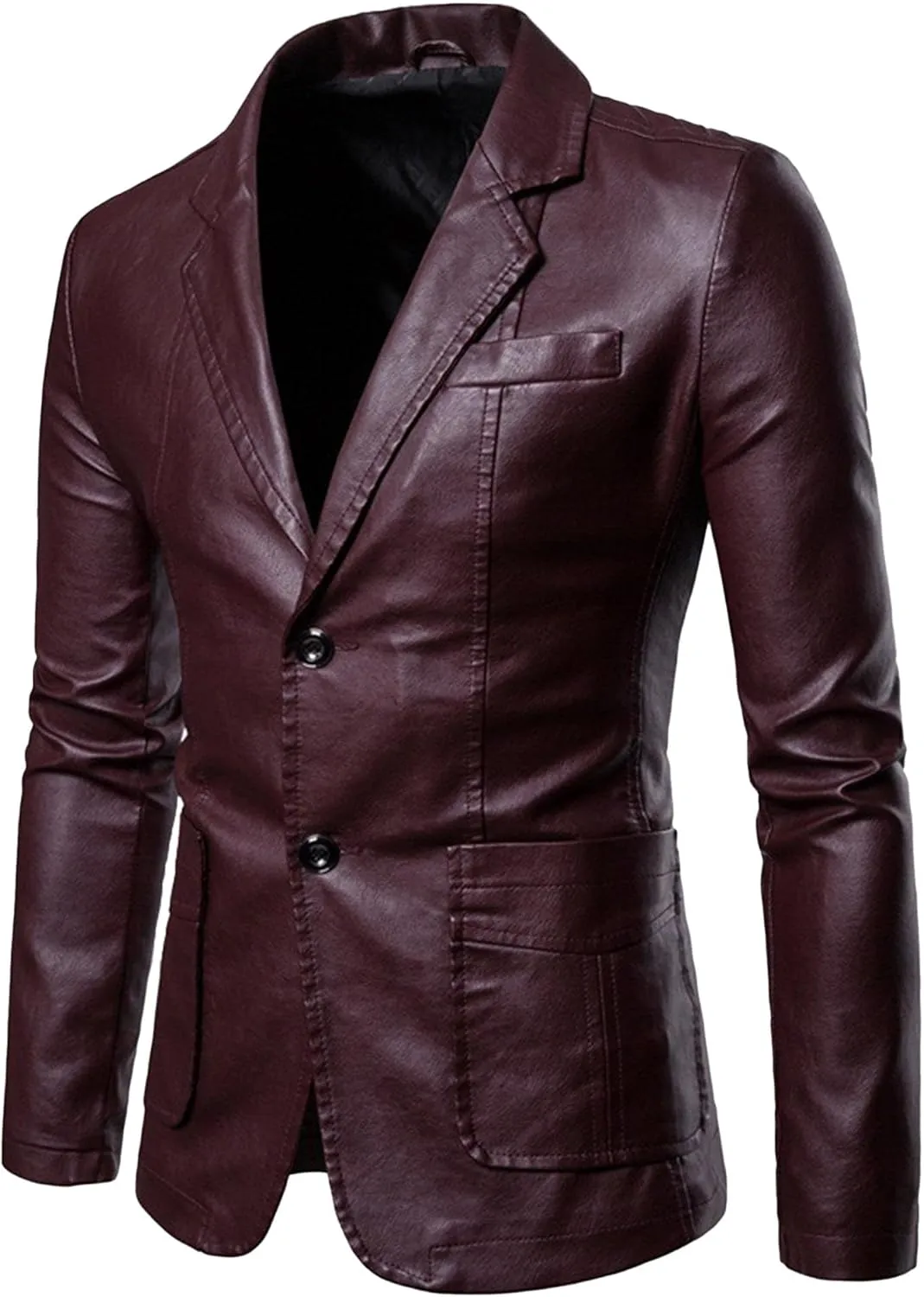 DGHM-JLMY Men's Suit Collar Fashion Pu Leather Jacket Casual 2 Button Slim Faux Leather Blazer Business Leather Sport Coat