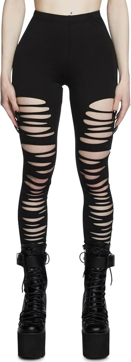 Dolls Kill Crypt Creeper Shredded Leggings by Widow  High Waist Leggings for Gothic and Edgy Fashion
