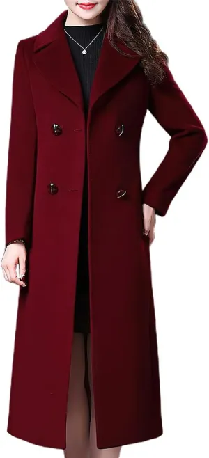 ebossy Women's Elegant Business Wool Coat Double Breasted Winter Long Coat