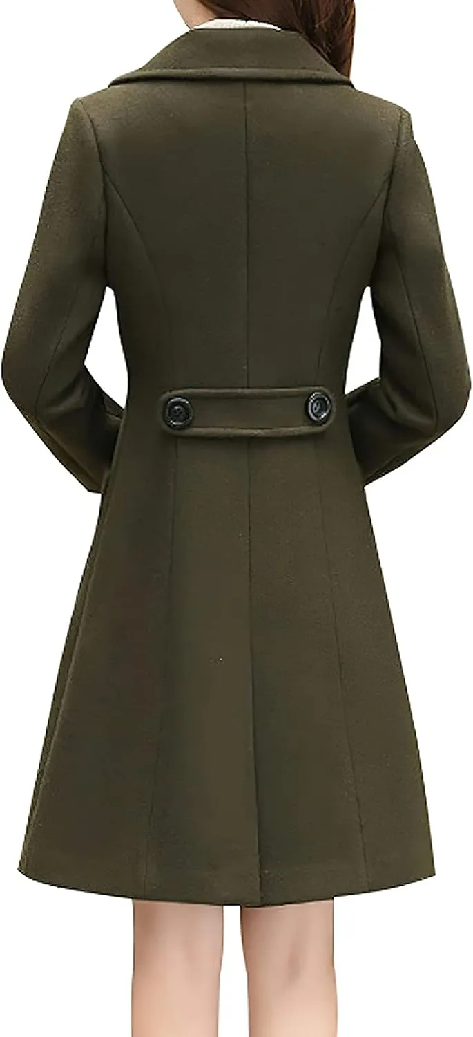ebossy Womens Elegant Double Breasted Notch Lapel Slim Buttoned Winter Warm Wool Blend Pea Coat