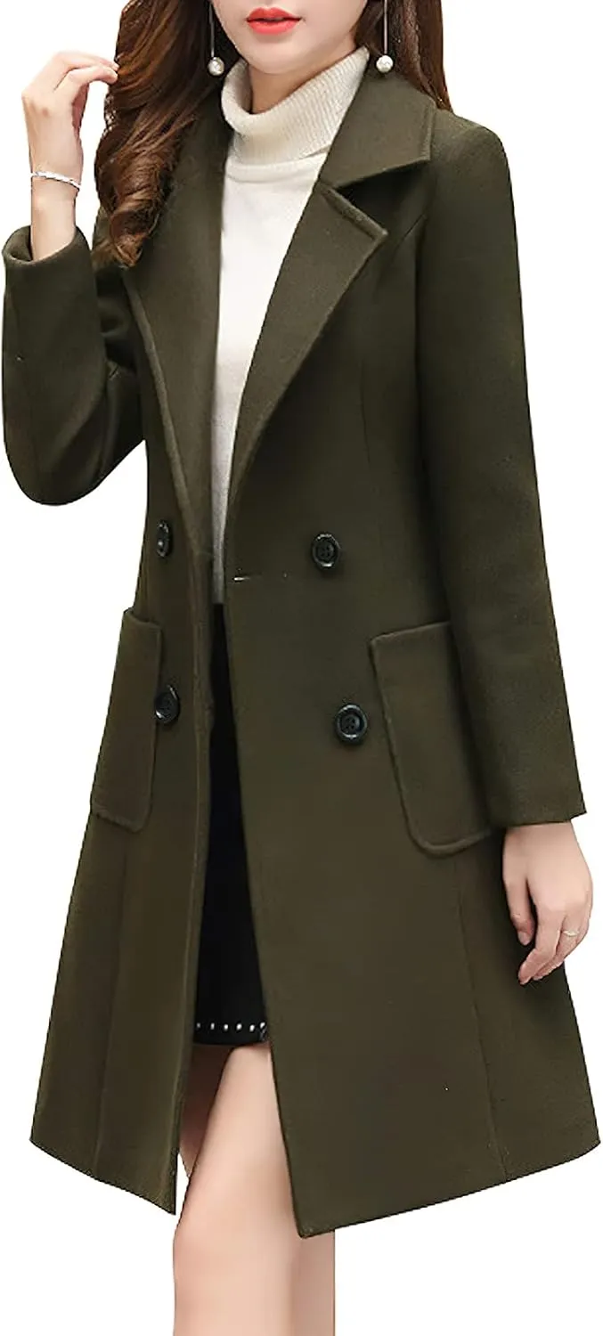ebossy Womens Elegant Double Breasted Notch Lapel Slim Buttoned Winter Warm Wool Blend Pea Coat