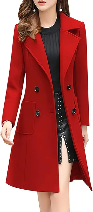ebossy Womens Elegant Double Breasted Notch Lapel Slim Buttoned Winter Warm Wool Blend Pea Coat