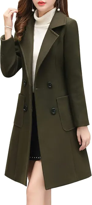 ebossy Womens Elegant Double Breasted Notch Lapel Slim Buttoned Winter Warm Wool Blend Pea Coat