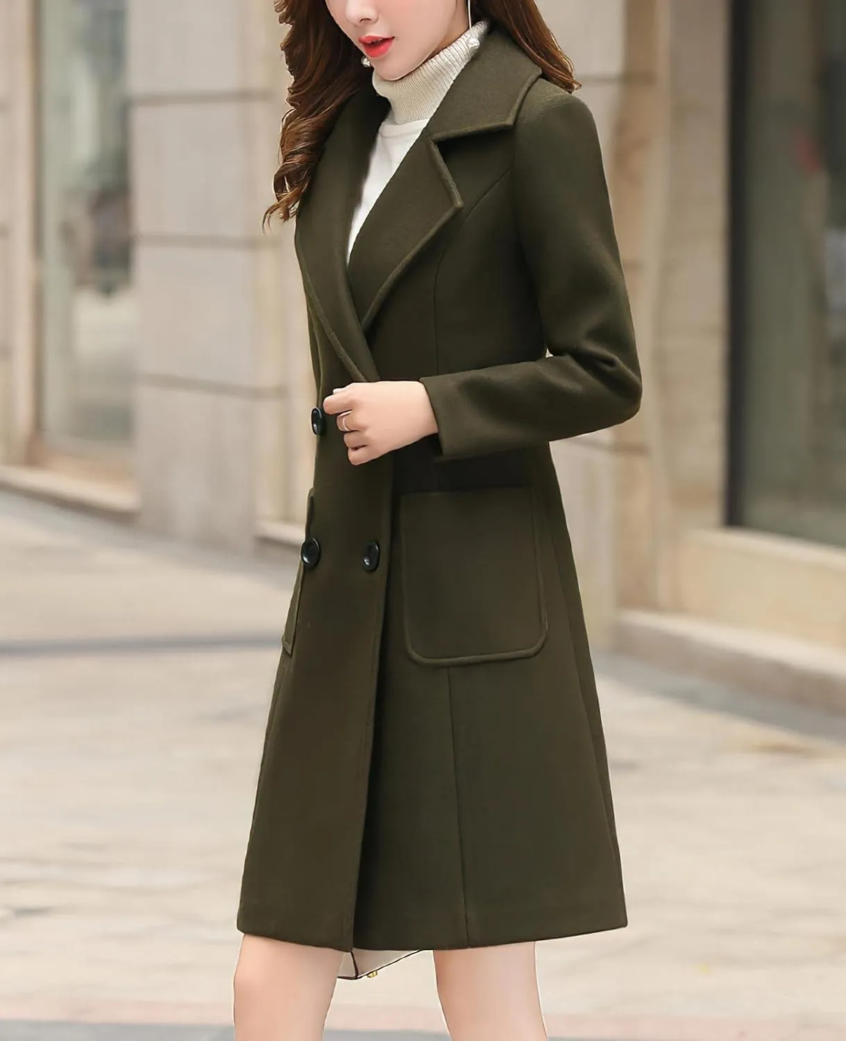 ebossy Womens Elegant Double Breasted Notch Lapel Slim Buttoned Winter Warm Wool Blend Pea Coat