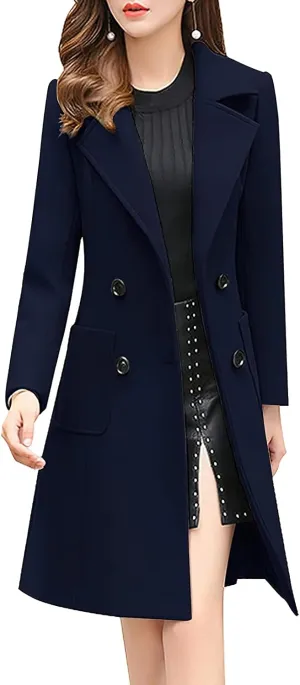 ebossy Womens Elegant Double Breasted Notch Lapel Slim Buttoned Winter Warm Wool Blend Pea Coat