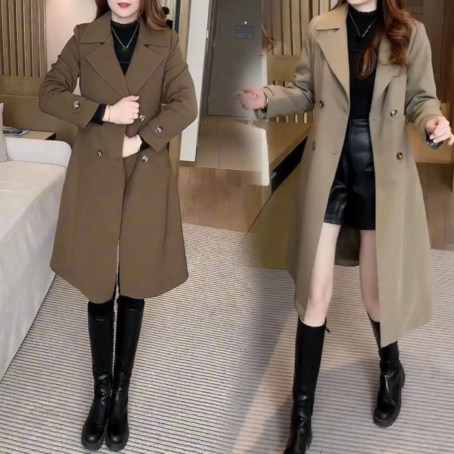 Elegant Womens Plush Lined Trench Coat,Women's Trench Coat Long Double Breasted Jacket,Warm Lined Jackets