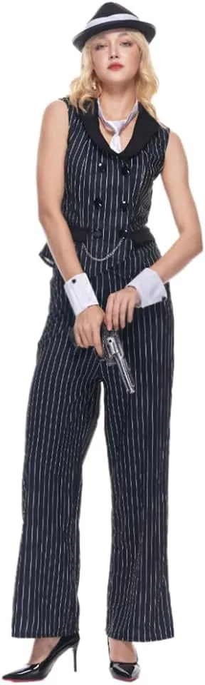EraSpooky Women Gangster Costume Adult 1920s Pinstripe Suit, Include Sleeveless Jacket Pants Necktie Wristband Hat