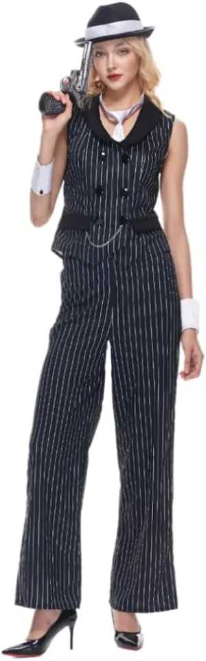 EraSpooky Women Gangster Costume Adult 1920s Pinstripe Suit, Include Sleeveless Jacket Pants Necktie Wristband Hat