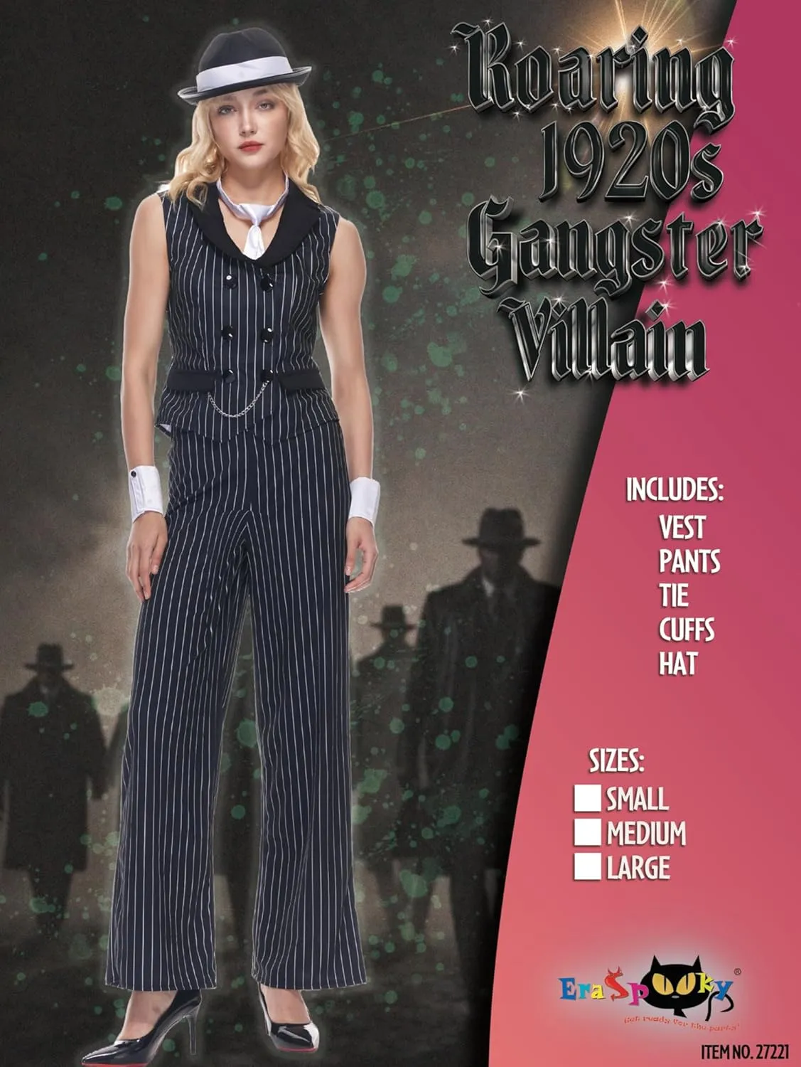 EraSpooky Women Gangster Costume Adult 1920s Pinstripe Suit, Include Sleeveless Jacket Pants Necktie Wristband Hat