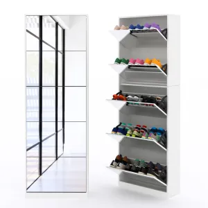 essential Modern Shoe Storage Organizer Cabinet with Full Length Mirror, Wood Shoe Rack with 5 Flip Drawer for Entryway,White