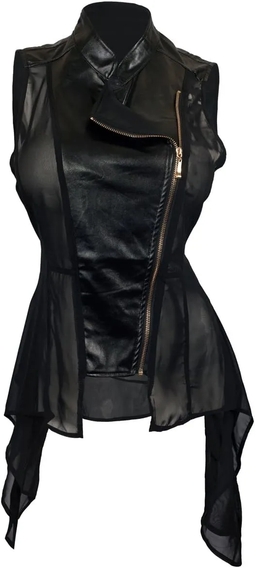 eVogues Women's Sleeveless Sheer and Faux Leather Panel Fashion Vest Jacket