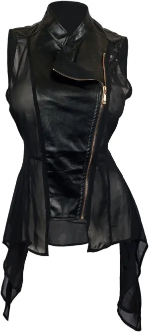 eVogues Women's Sleeveless Sheer and Faux Leather Panel Fashion Vest Jacket