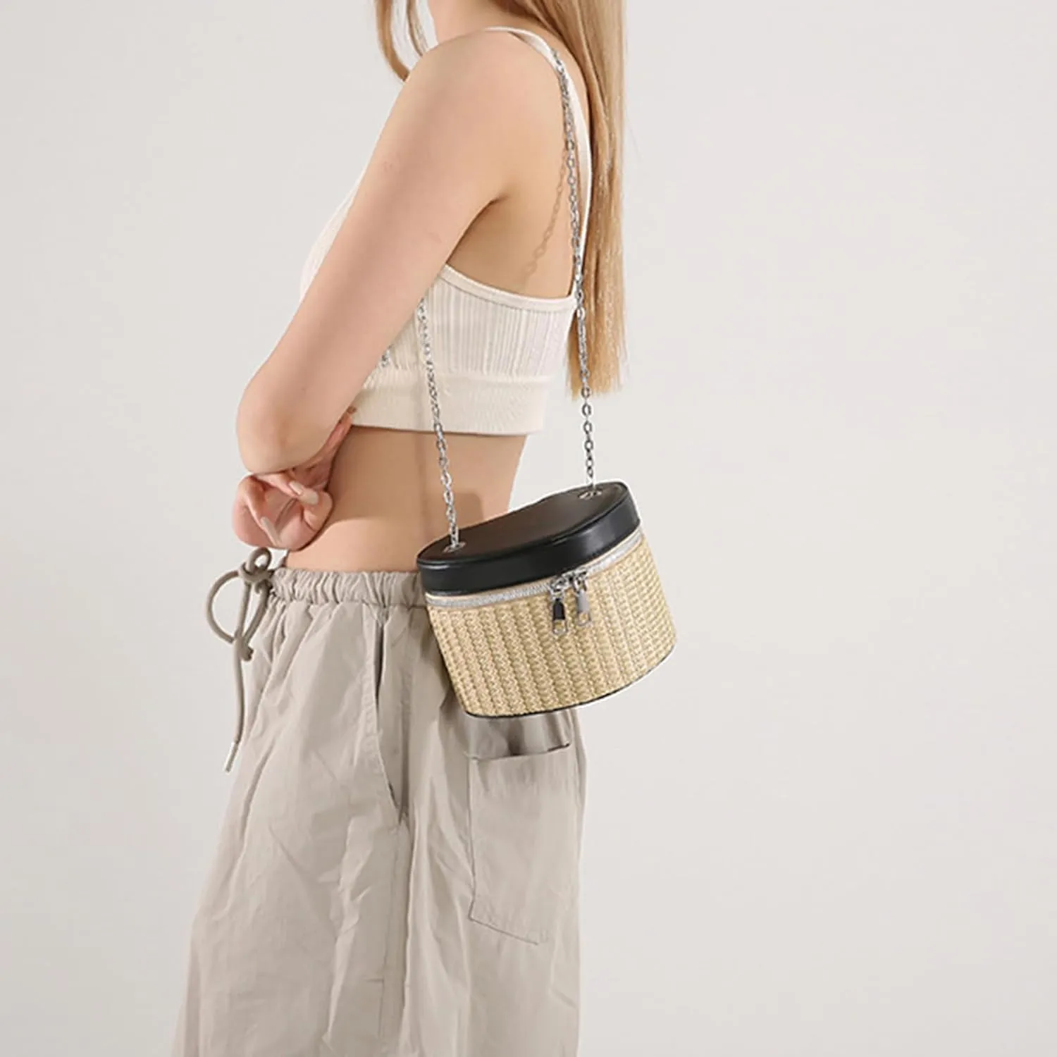 Eye Catching Woven Box Bag Delicate Shoulder Bags Straw Bucket Bag Crossbody Purse PU Leather Handbag for Women