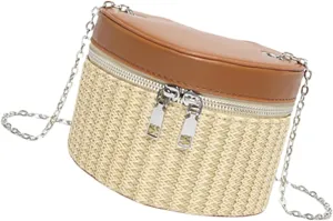 Eye Catching Woven Box Bag Delicate Shoulder Bags Straw Bucket Bag Crossbody Purse PU Leather Handbag for Women