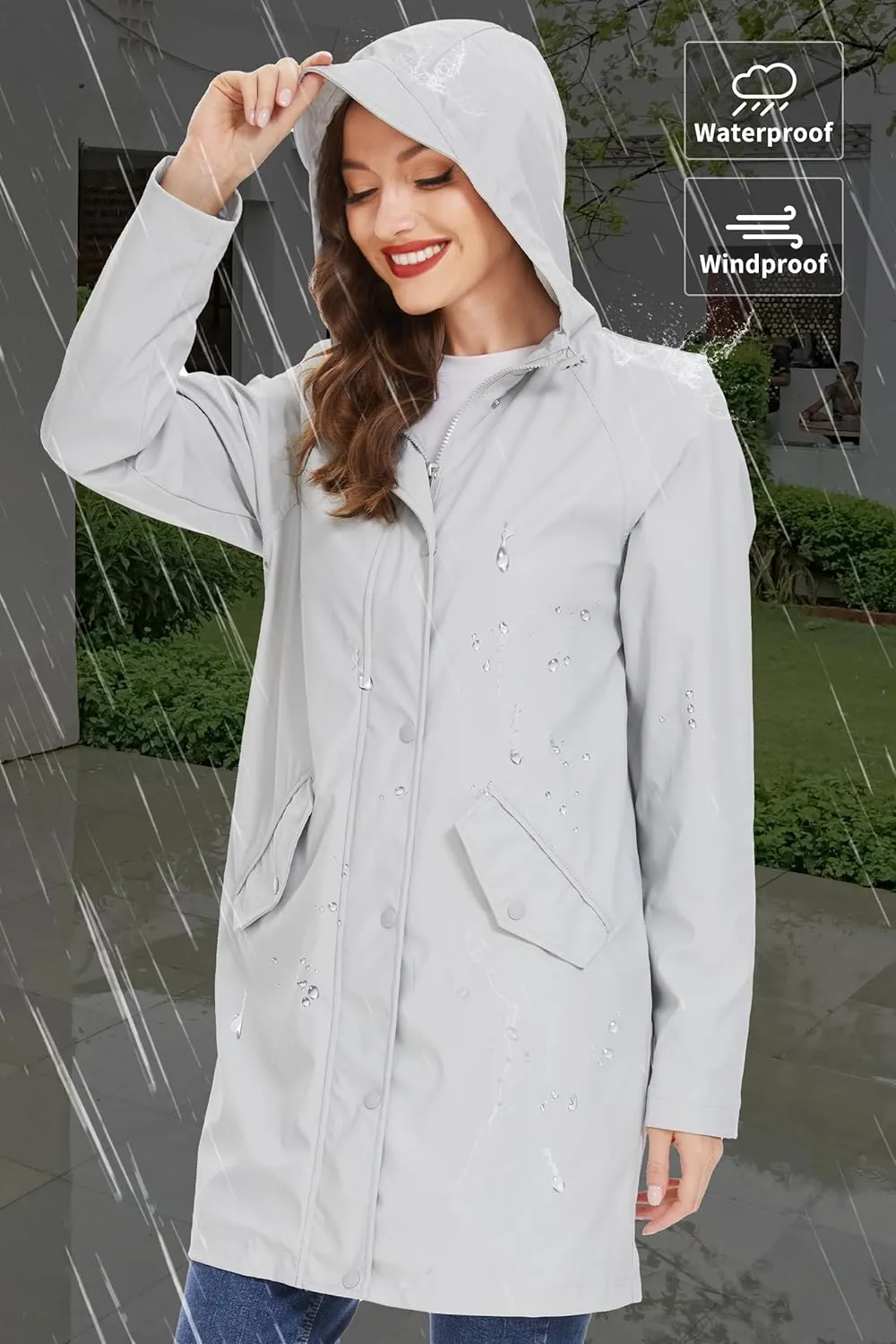 Fahsyee Raincoat Women, Rain Jacket Waterproof Coat Hooded Windbreaker Outdoor Long Active