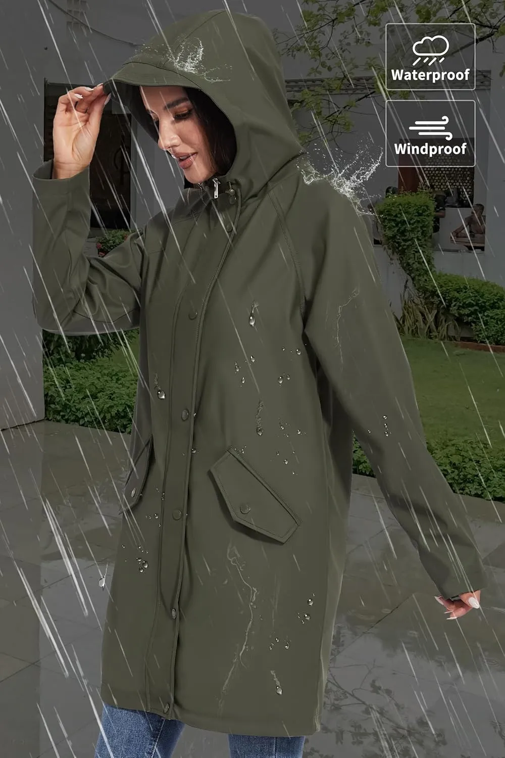 Fahsyee Raincoat Women, Rain Jacket Waterproof Coat Hooded Windbreaker Outdoor Long Active