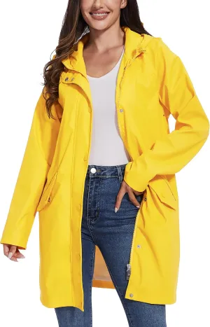 Fahsyee Raincoat Women, Rain Jacket Waterproof Coat Hooded Windbreaker Outdoor Long Active